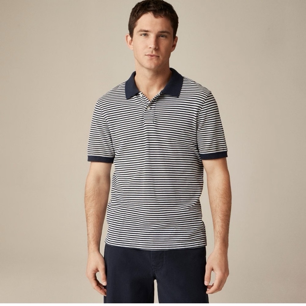 J.Crew Flex Pique Polo Shirt Men Medium Navy White Stripe Stretch Cotton NWT